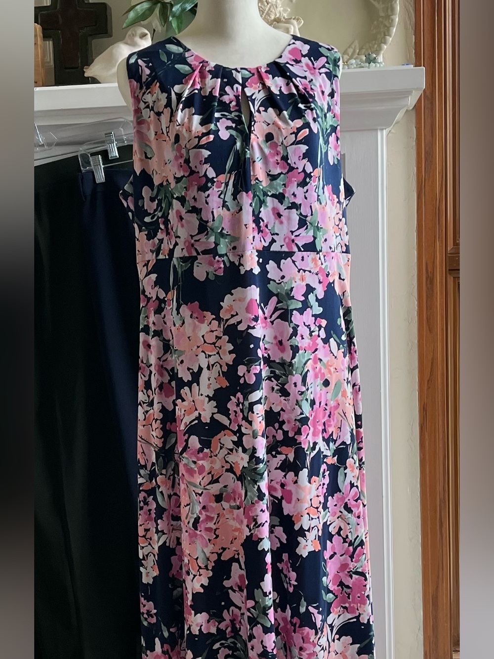 London Times Navy Dress with Pink Floral Print